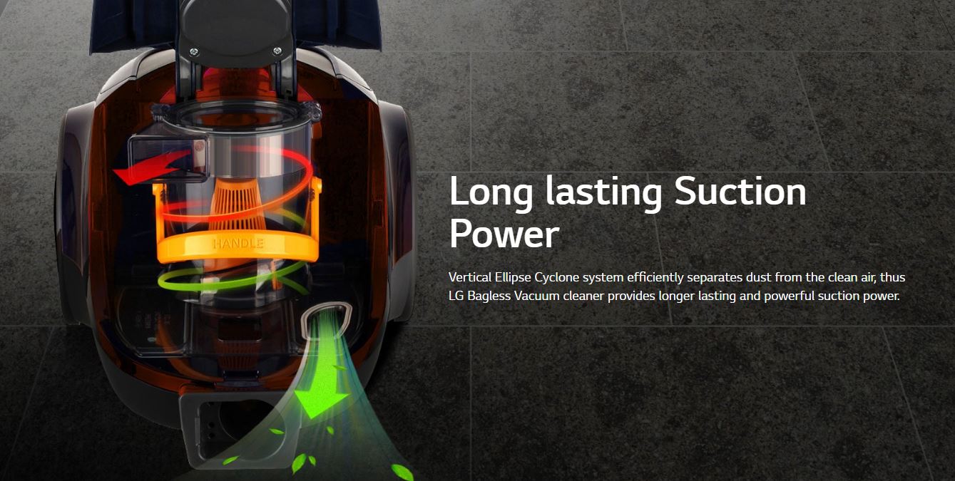 Long lasting Suction: Power Vertical Ellipse Cyclone system efficiently separates dust from the clean air, thus LG Bagless Vacuum cleaner provides longer lasting and powerful suction power.