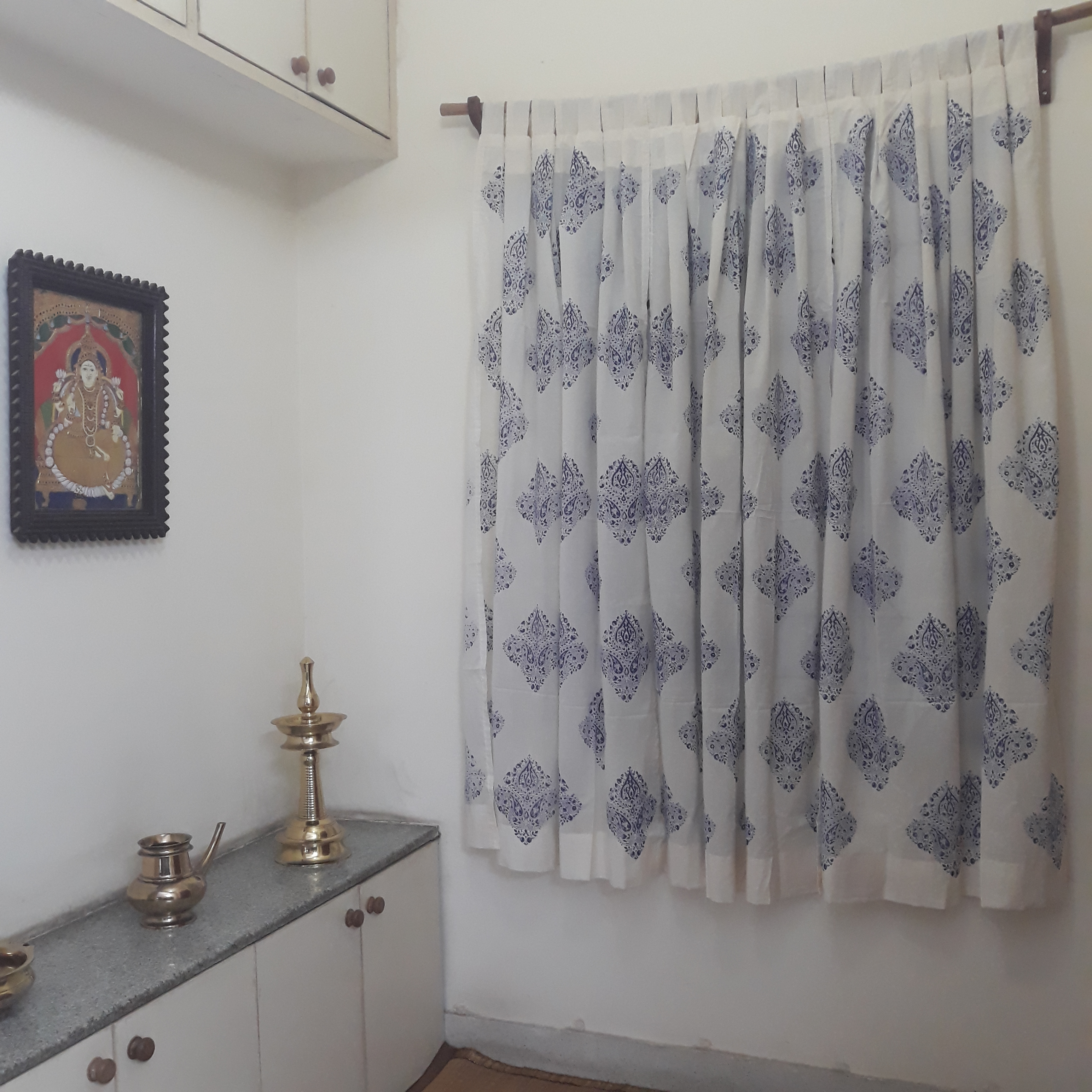 Sheer white decorative cotton curtains for the living room block printed with ethnic motifs