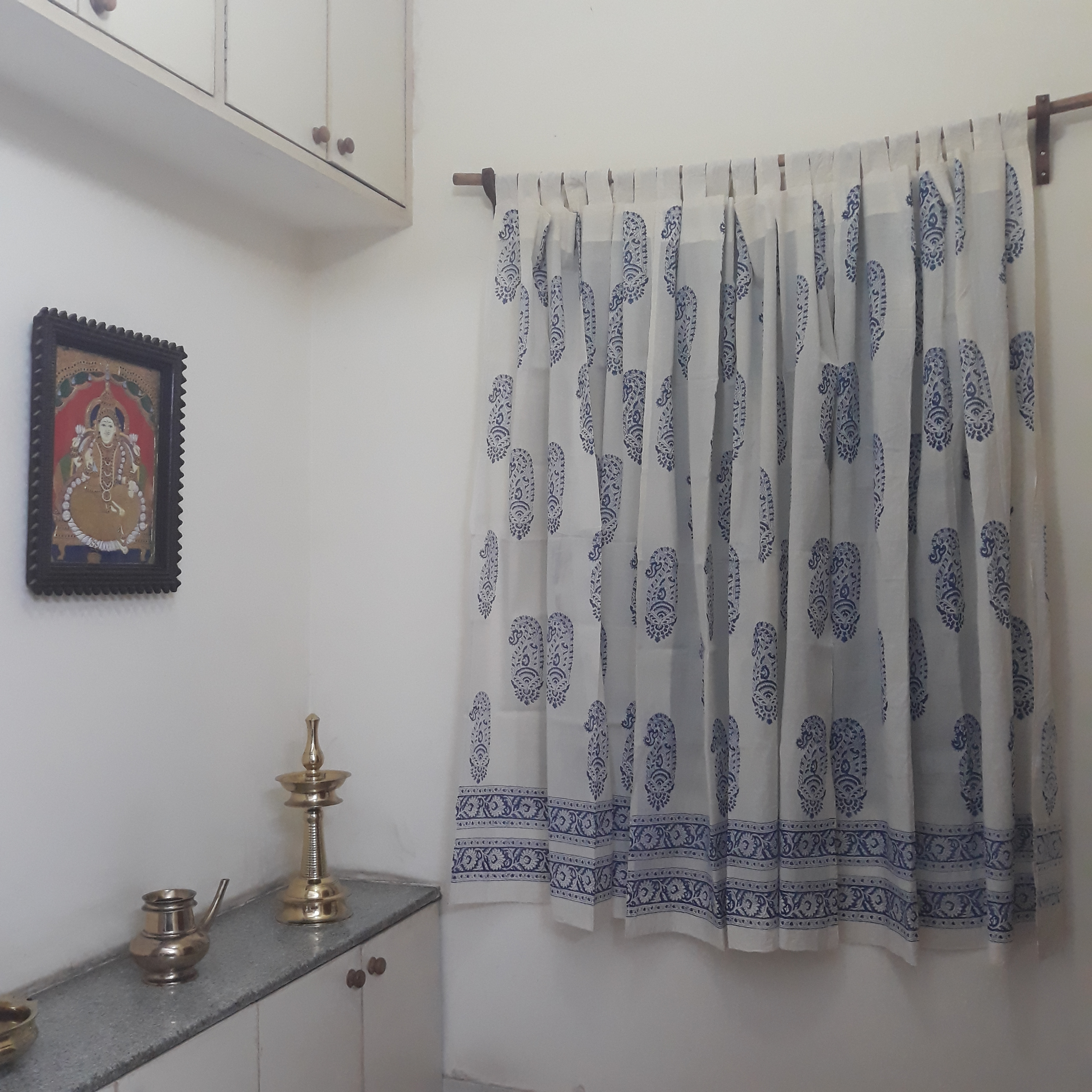 Paisleys block printed on a sheer white decorative cotton window curtain