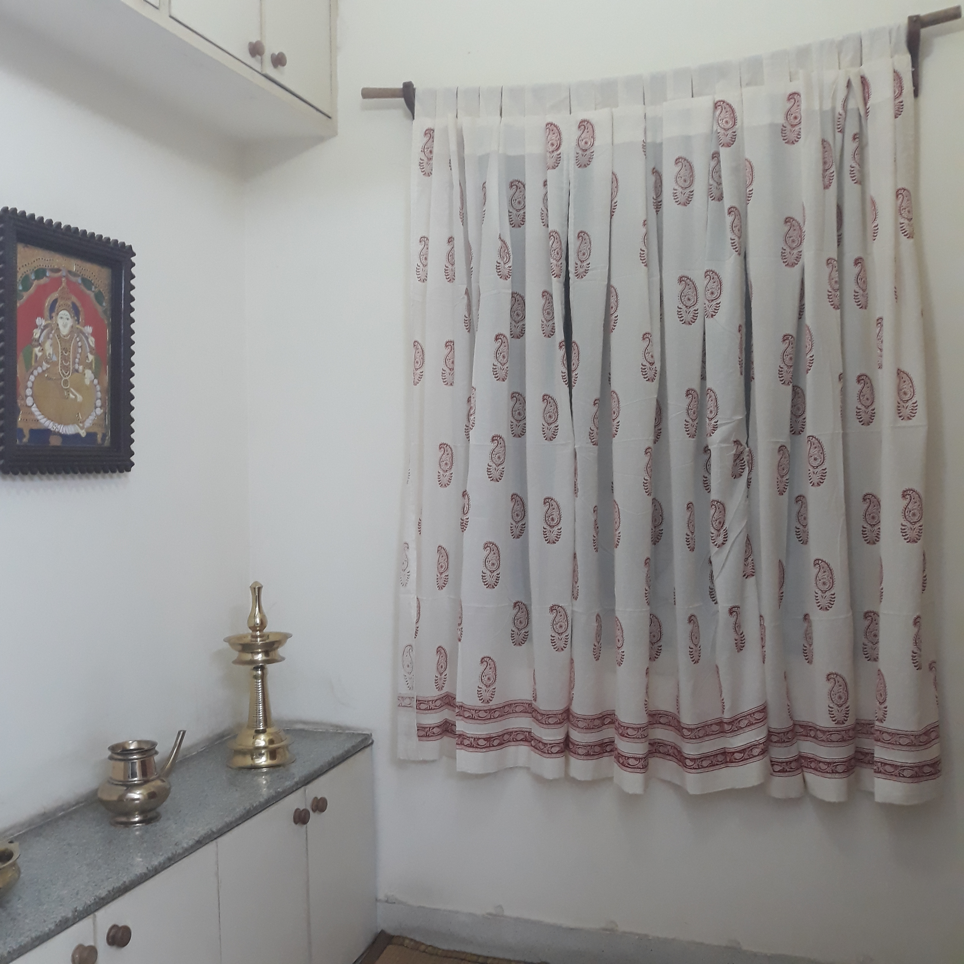 Window curtains for living rooms block printed on sheer white cotton fabric