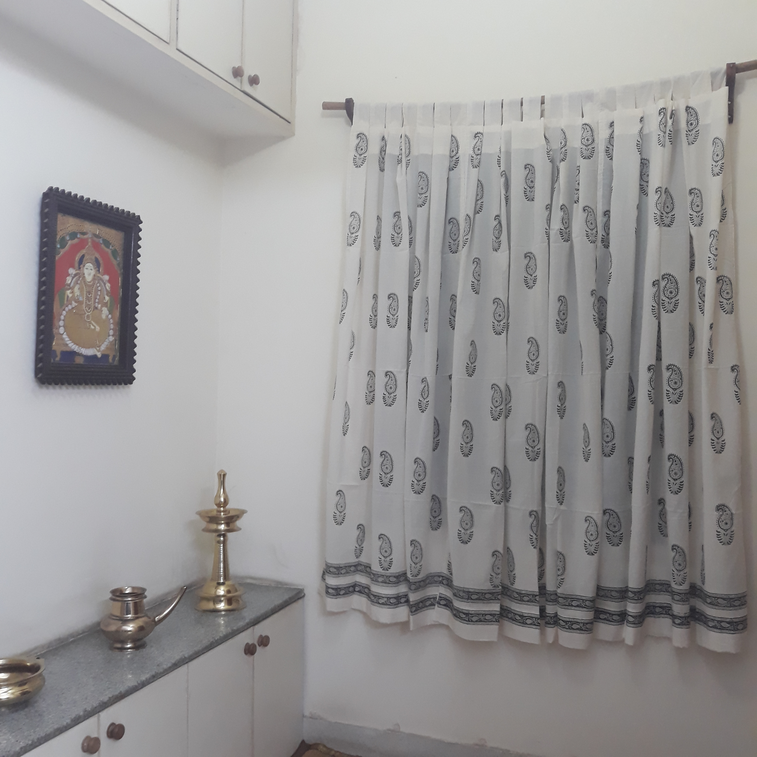 Sheer cotton decorative window curtains for living rooms block printed with paisleys in black