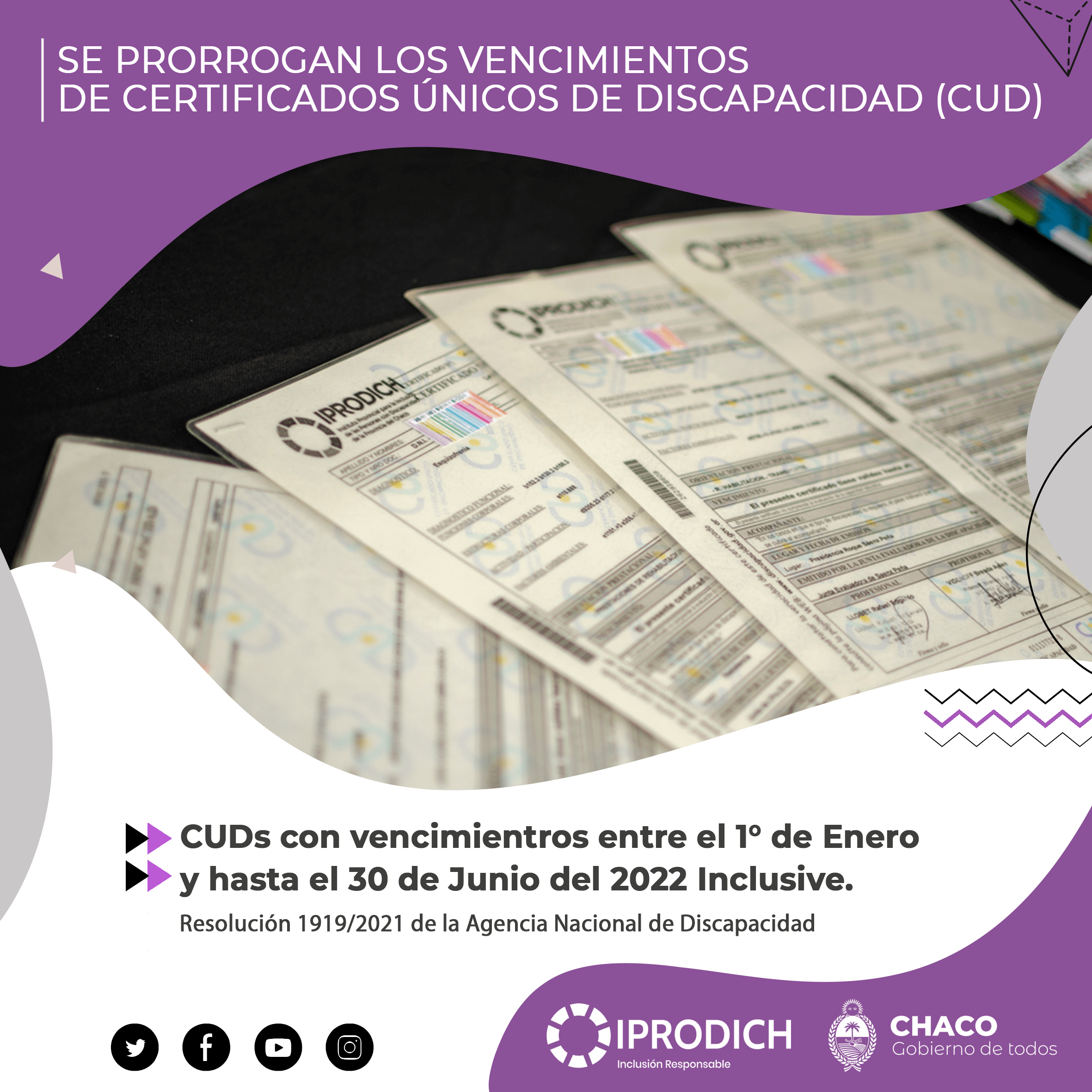 El Iprodich informa la prórroga de los vencimientos de certificados únicos de discapacidad