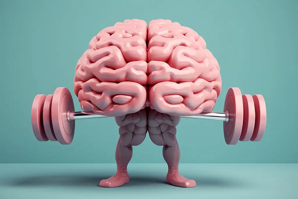 Uma ilustração de um cérebro fazendo exercícios de musculação.