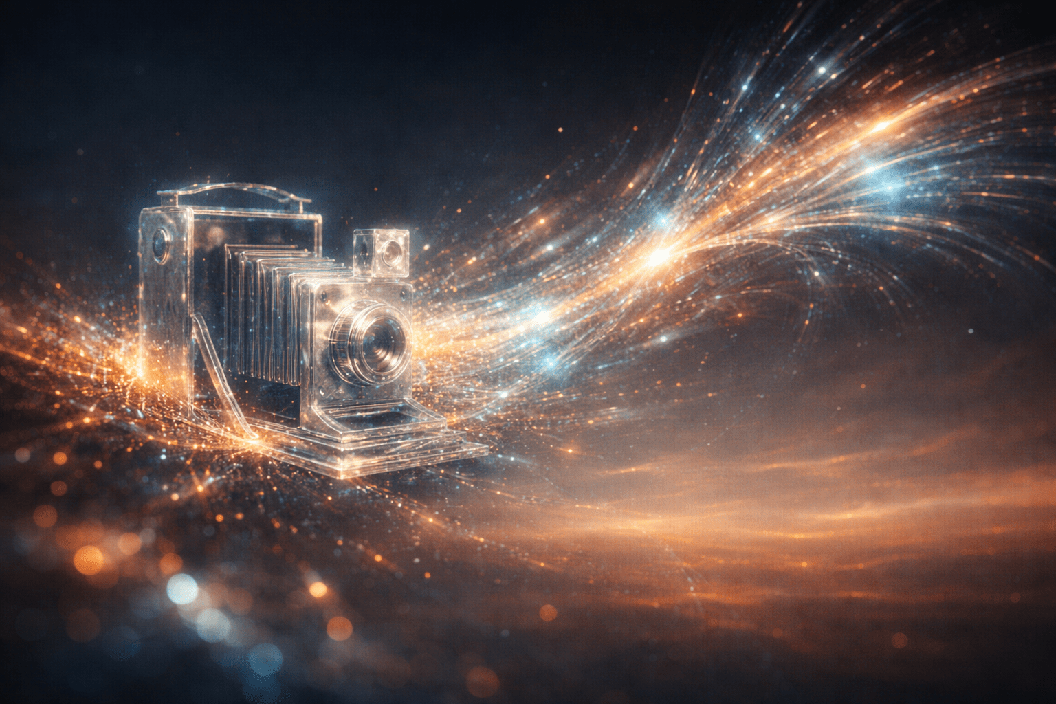 A translucent, glass-like vintage camera floating against a dark background, with flowing streams of light and particles moving through and past it, suggesting the idea of cinema emerging from data, imagination, and energy rather than physical capture.
