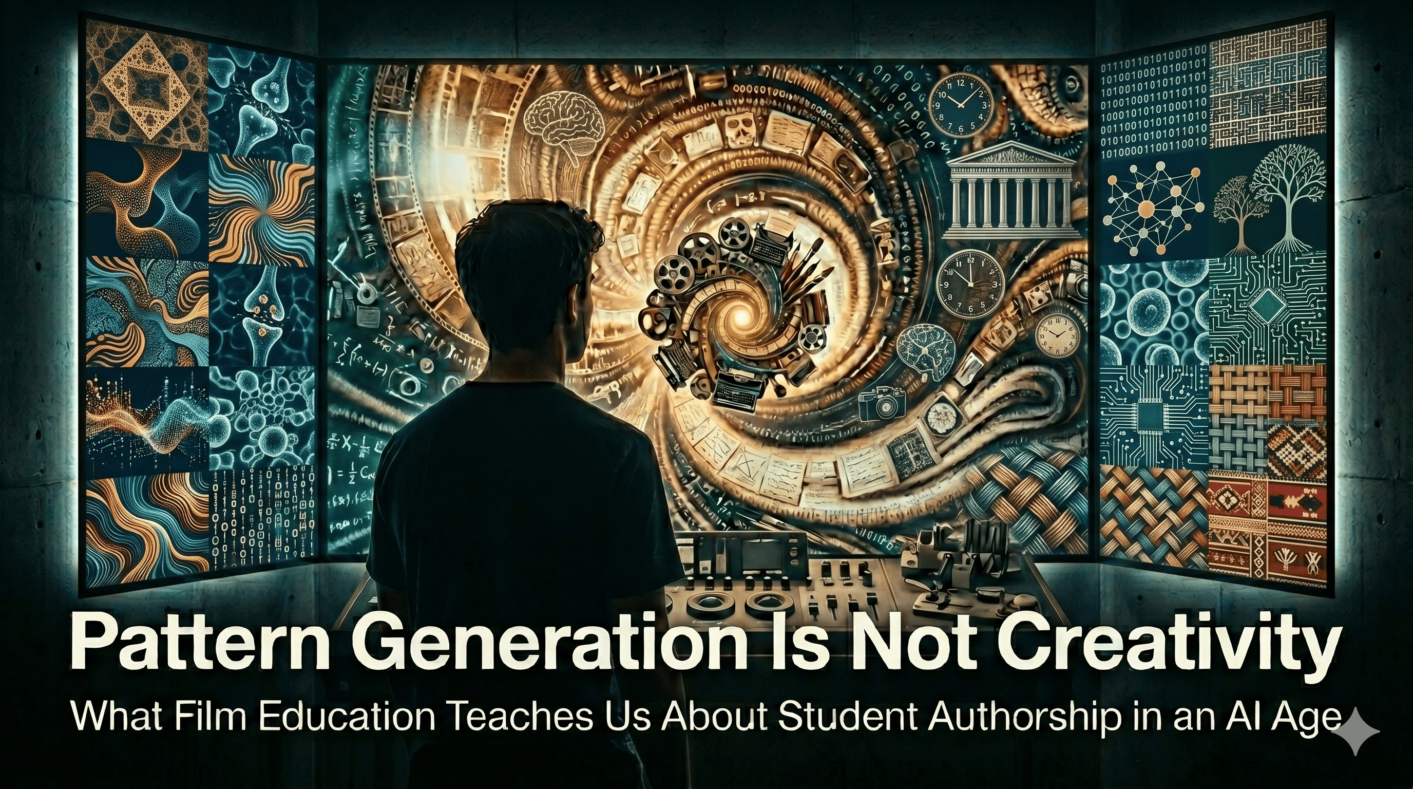 A silhouetted student figure stands with their back to the viewer at a control console, facing a large triptych of screens. The central screen displays a swirling vortex composed of film reels, cameras, clocks, typewriters, and other cultural artifacts rendered in warm amber and gold tones, suggesting the richness of human creative and intellectual history. The left and right panels display abstract AI-generated patterns — mathematical equations, binary code, circuit diagrams, organic forms, and geometric textures — rendered in cool teal and blue tones, visually distinct from the human-centered imagery at the center. The contrast between the human figure, the culturally rich central vortex, and the surrounding AI-generated patterns visually argues the article's central thesis. Bold white typography across the bottom reads: "Pattern Generation Is Not Creativity" as the main title, with the subtitle "What Film Education Teaches Us About Student Authorship in an AI Age" below it.