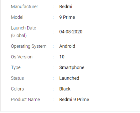 General Specification Redmi 9 prime