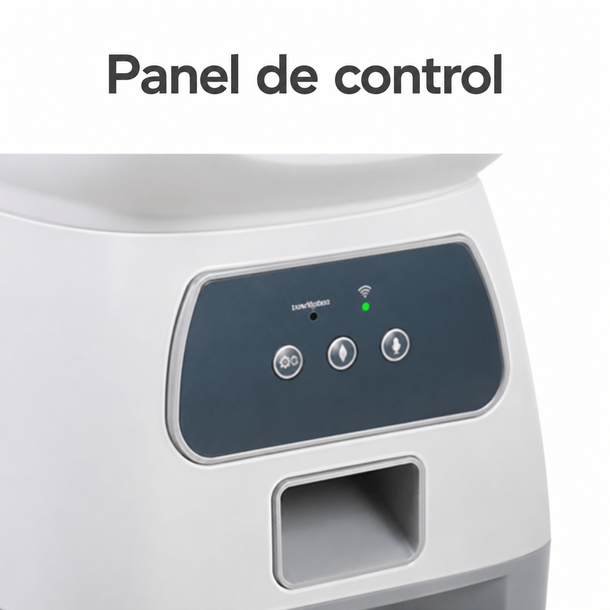 Detalle del panel frontal con tres botones del comedero automático