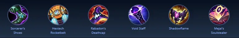 Icons of six items from League of Legends: Sorcerer's Shoes, Hextech Rocketbelt, Rabadon's Deathcap, Void Staff, Shadowflame, and Mejai's Soulstealer. These are KeshaEuw Nunu Build for Season 15.