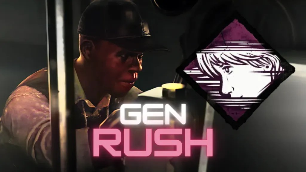David Tapp repairing a generator in Dead by Daylight, with "Gen rush" highlighted in the center and the Hyperfocus perk displayed on the right.
