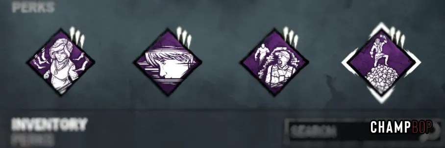 An image showcasing four Dead by Daylight perks: Overzealous, Hyperfocus, Stake Out, and Fast Track.