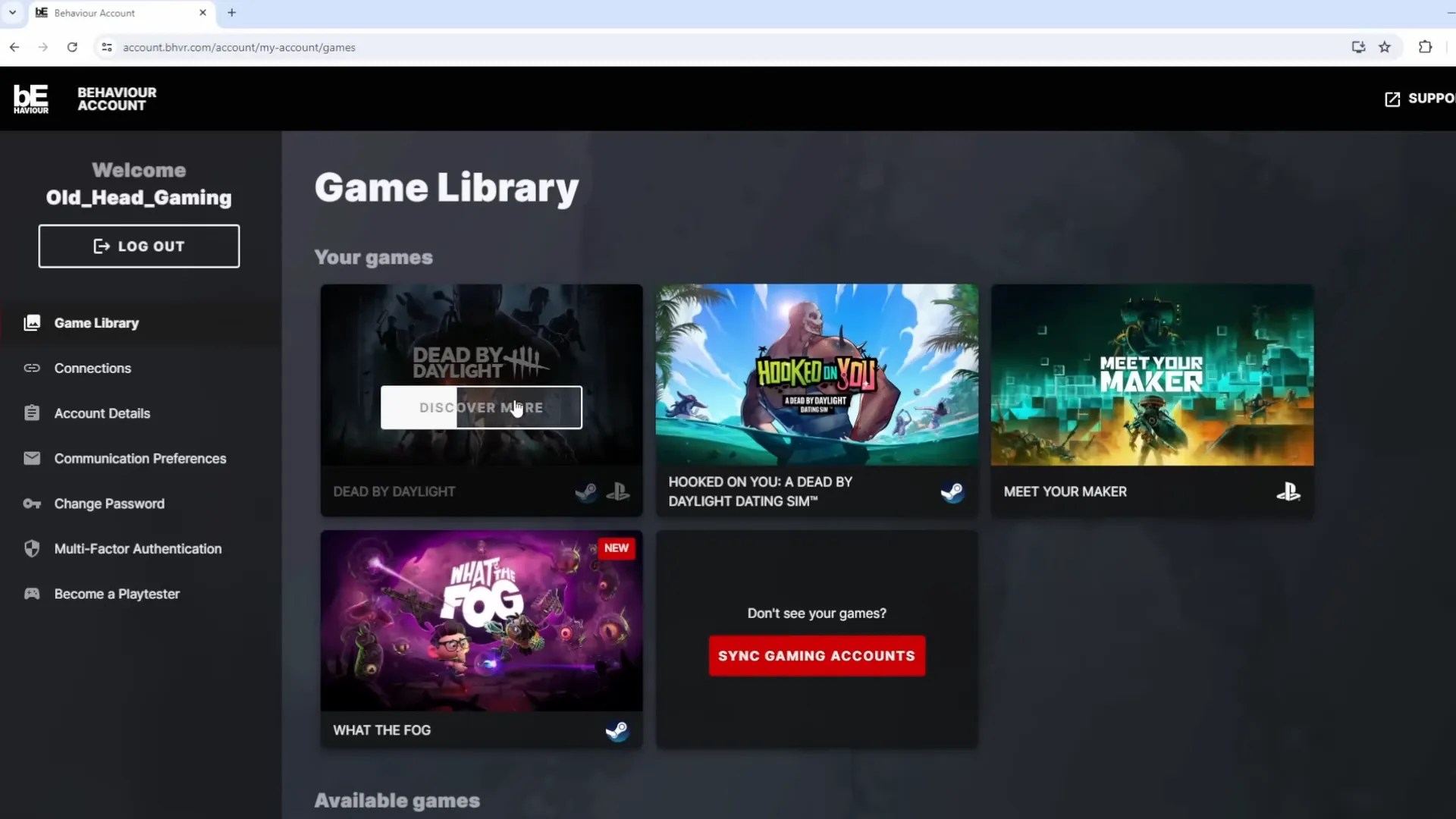 Screenshot of the Behavior Account game library, showing linked games such as Dead by Daylight, Hooked on You: A Dead by Daylight Dating Sim, and Meet Your Maker. A 'Discover More' button is highlighted under Dead by Daylight.