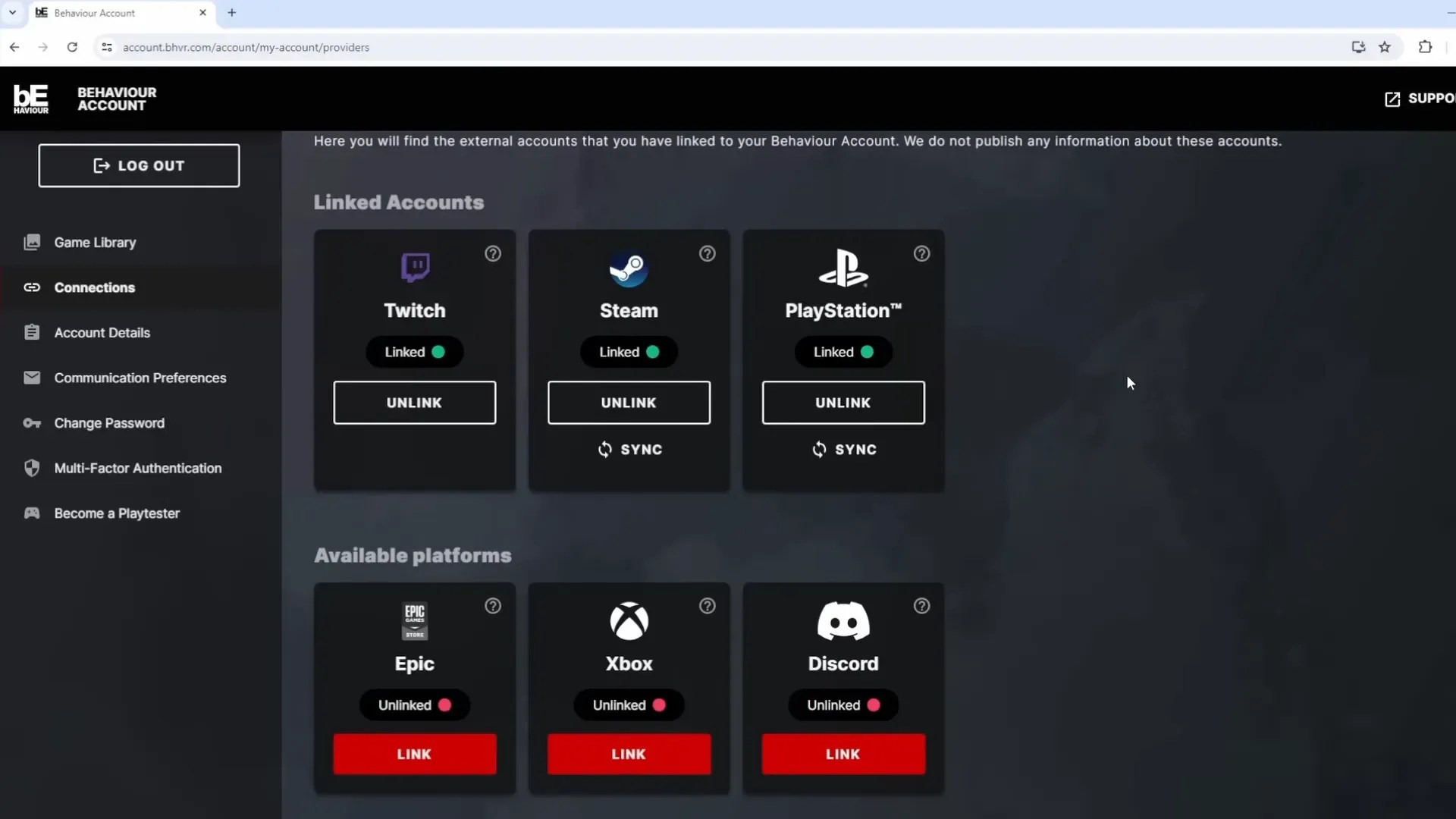 Screenshot of the Behavior Account connections page showing linked accounts for Twitch, Steam, and PlayStation with options to unlink or sync. Available platforms for linking include Epic Games, Xbox, and Discord.