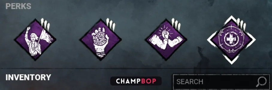 In-game inventory showing the perks: For the People, Soul Guard, Aftercare, and Boon: Circle of Healing in Dead by Daylight.