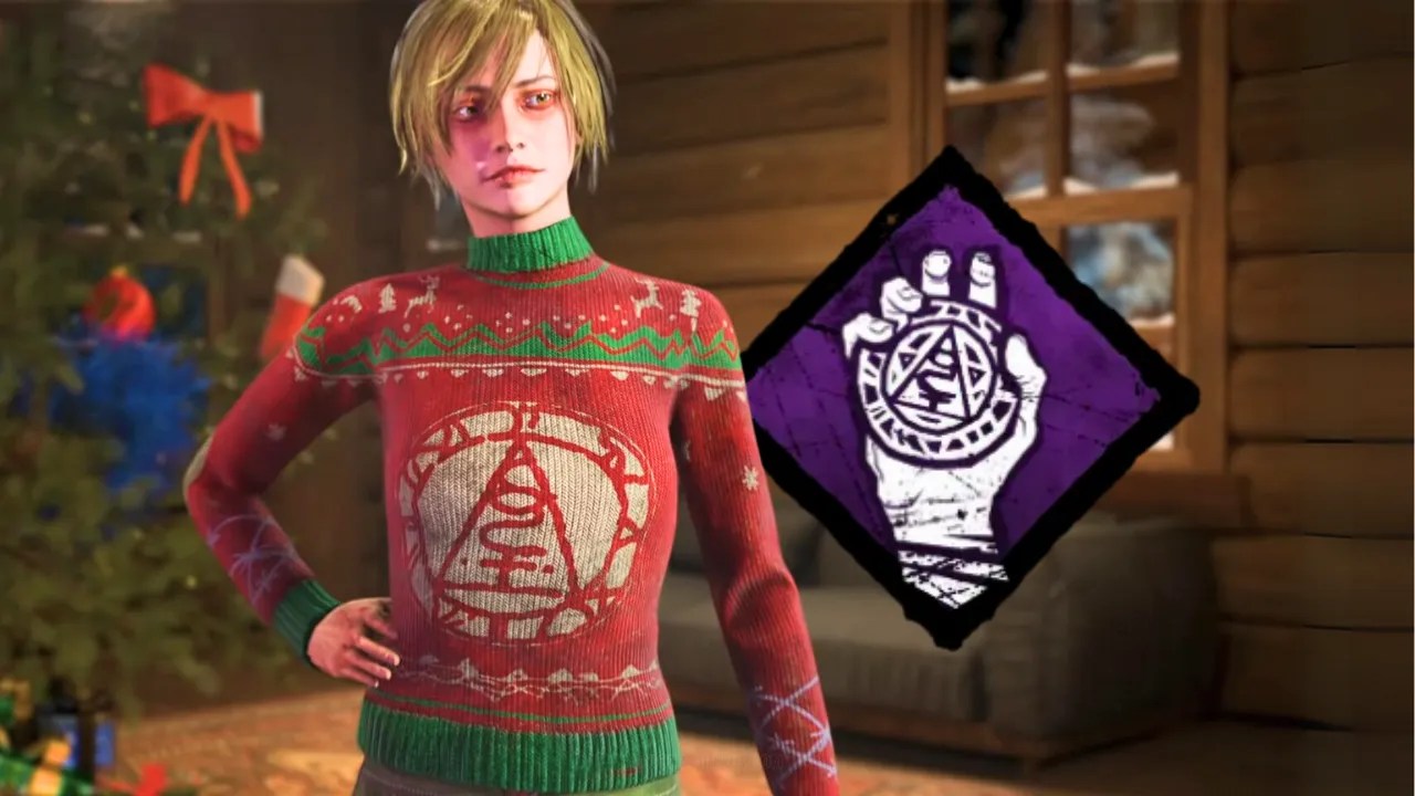 Cheryl Mason wearing a holiday sweater with the Soul Guard perk icon displayed beside her in a cozy indoor setting. The perk icon shows a hand gripping a protective amulet.