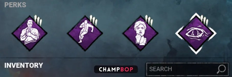 A Dead by Daylight perk loadout featuring No Mither, Dead Hard, Resilience, and Spine Chill. The icons for these perks are shown in purple diamond shapes, showcasing a build designed for speed and awareness while injured. Below the perks, the 'Champbop' logo is displayed in the 'Inventory' section.