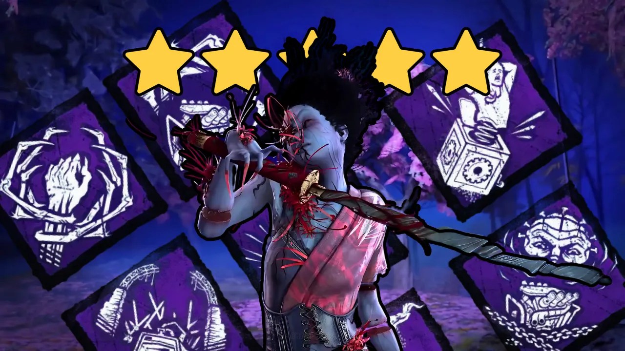 Image of a Dead by Daylight killer, surrounded by perk icons including Corrupt Intervention, Scourge Hook: Pain Resonance, Grim Embrace, No Way Out, Pop Goes the Weasel, Eruption, and Deadlock. A 5-star rating is displayed above the killer, symbolizing the top-rated perks in the game.