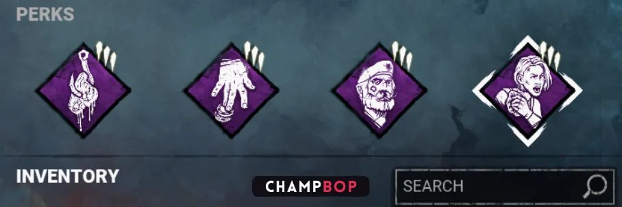 screenshot from Dead by Daylight showing four perk icons from the Luck Build. From left to right, the perks are Slippery Meat, Up the Ante, Unbreakable, and Resurgence. The word 'Inventory' is visible below the perks, and the Champbop logo is present in the bottom right corner with a search bar.
