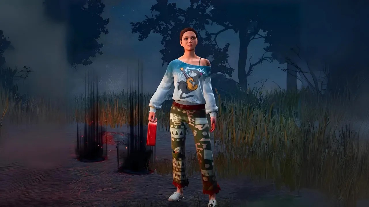 A female character in casual clothing holds a red medkit, standing in a dark, eerie setting with glowing red markings on the ground.