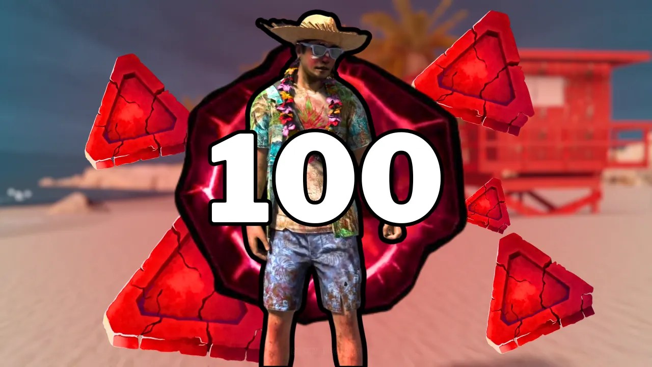 Image of a character in Dead by Daylight dressed in a tropical outfit with sunglasses and a straw hat. Behind the character is a red Prestige icon with the number 100 prominently displayed in the center, symbolizing reaching Prestige 100 in the game.