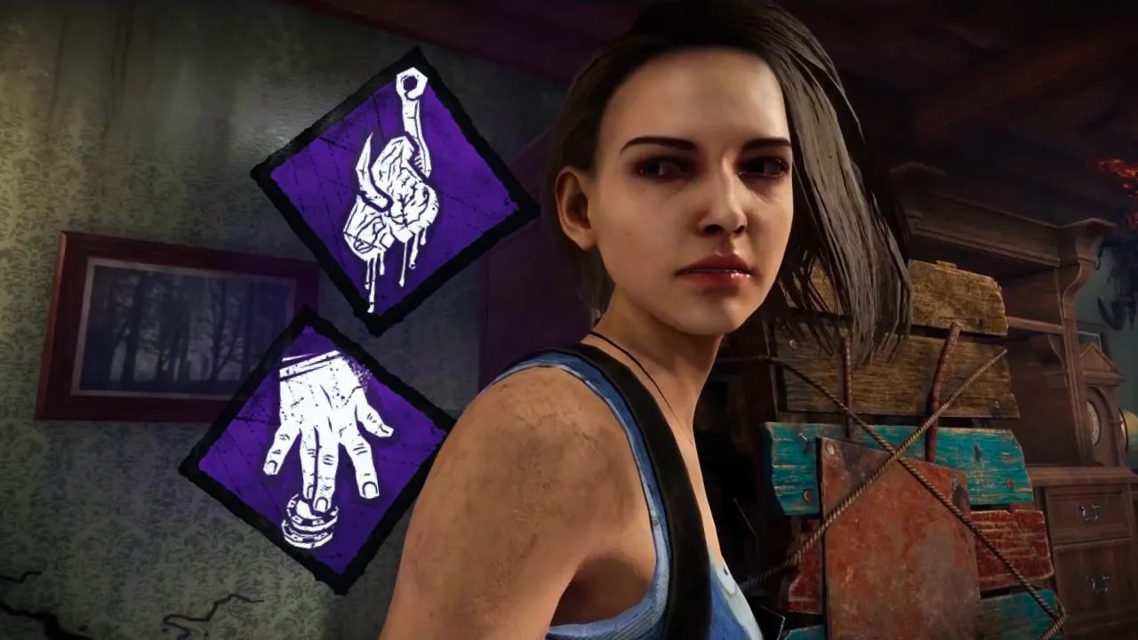A female character, Jill Valentine, from Dead by Daylight is shown in front of a background featuring two perk icons: Slippery Meat (top) and Up the Ante (bottom). Jill is standing near a pallet in what appears to be an indoor setting, preparing to evade the killer.