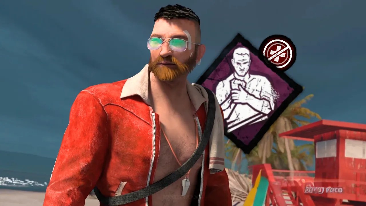 Dead by Daylight character, dressed in a red jacket and sunglasses, standing on a beach with the No Mither perk icon in the background. The character has a rugged appearance, with a bandage over their nose and a well-groomed beard. The No Mither perk icon, which shows a figure with bandages, symbolizes a permanent injury status in the game.
