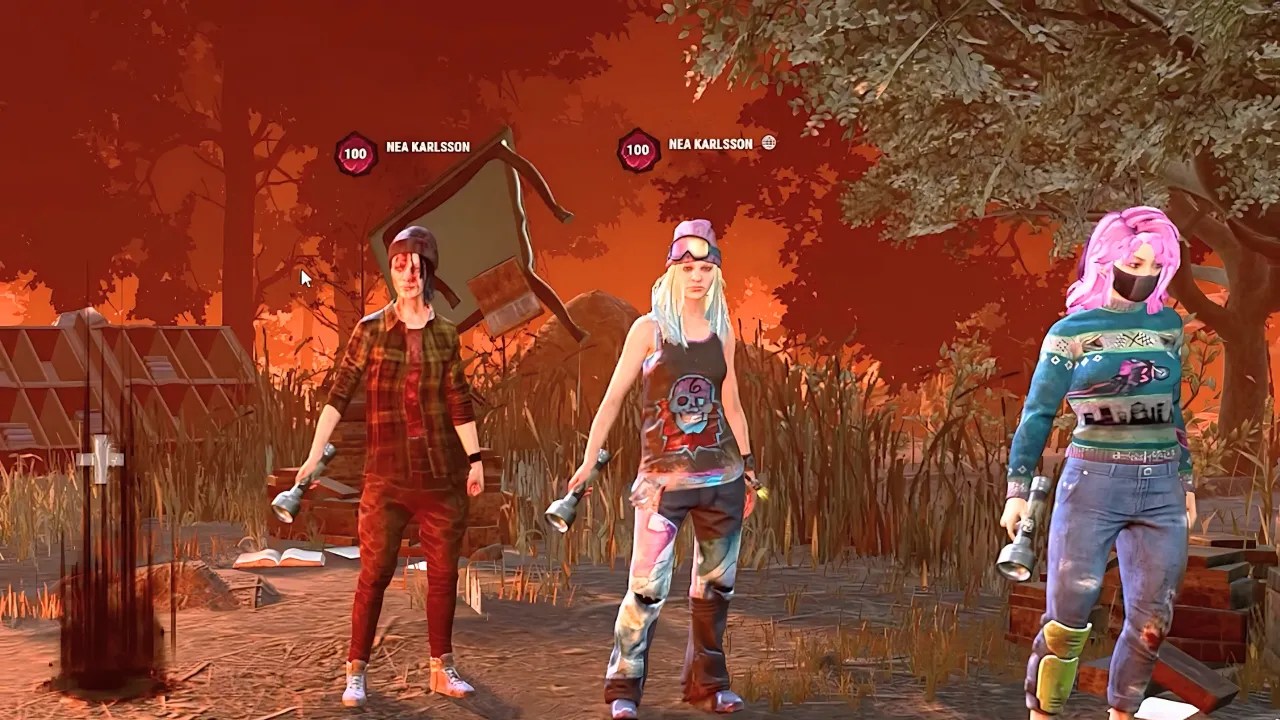 Three Dead by Daylight survivors in a pre-game lobby, each with the Prestige 100 icon above their character's name.