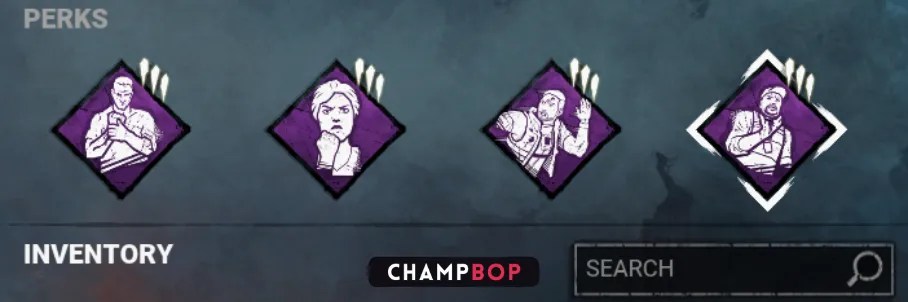 A Dead by Daylight perk loadout featuring No Mither, Resilience, Tenacity, and Made for This. The purple diamond perk icons emphasize a strategy for quick recovery, speed boosts, and endurance while injured. The 'Champbop' logo is shown below the perks in the 'Inventory' section.