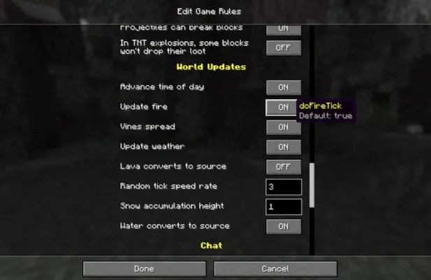 edit game rules for update fire spread to false