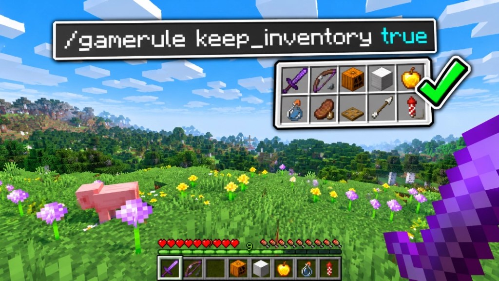 The /gamerule keep_inventory true command shown over a Minecraft world with a full hotbar and inventory kept