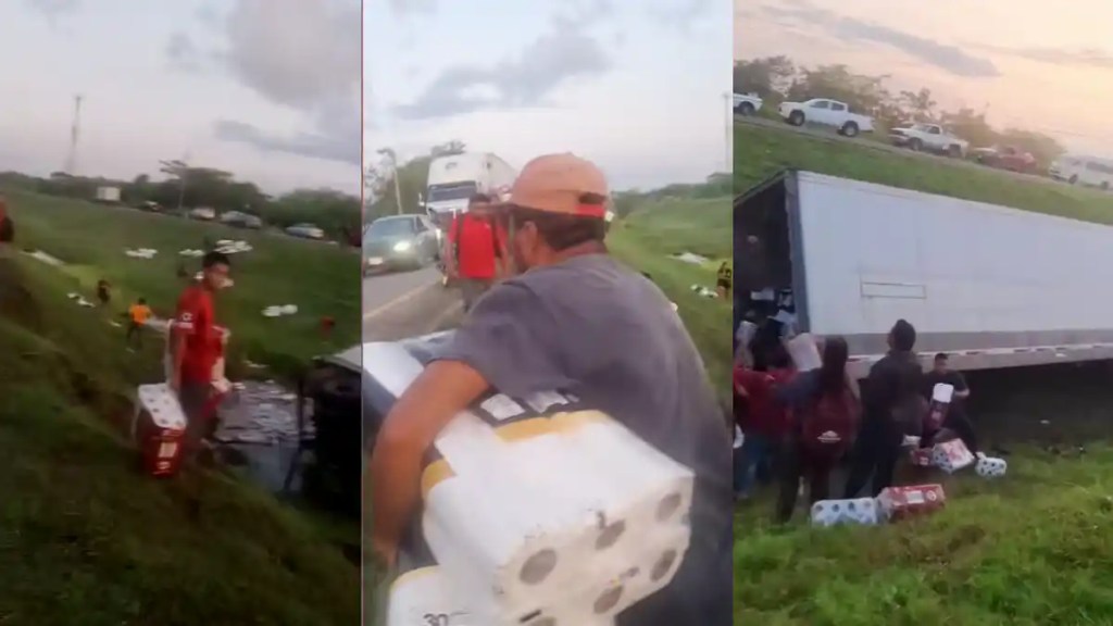 Una unidad de doble remolque quedó volcada sobre la cuneta central; en minutos, la carga de papel higiénico desapareció a manos de civiles.