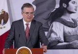 Secretario de Economía Marcelo Ebrard durante su anuncio de viaje a Washington para negociaciones del T-MEC.