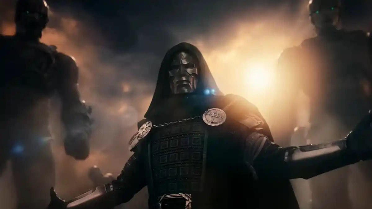 Escena del tráiler de Avengers Doomsday mostrando a Dr. Doom interpretado por Robert Downey Jr.