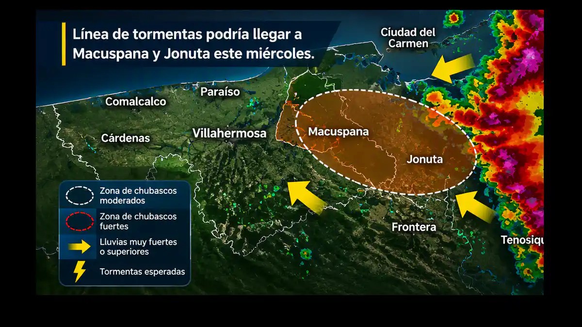 Imagen de sistema de tormentas aproximándose a municipios del oriente de Tabasco según alerta de Protección Civil
