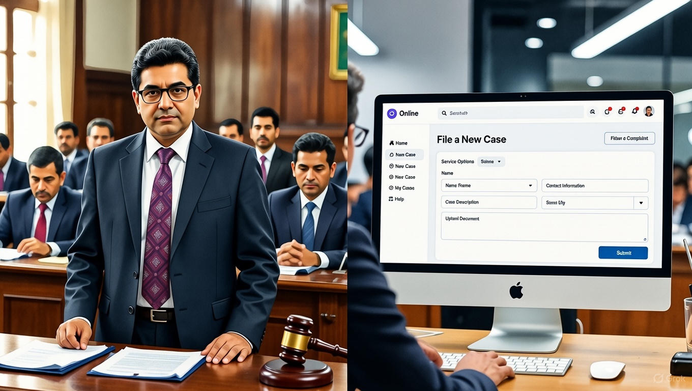 Advocate in formal suit standing confidently in a Kolkata courtroom with gavel and legal documents on the left, and on the right a person filing a new case online through a digital portal on a computer screen, representing the blend of traditional court proceedings and modern e-filing in Indian legal system