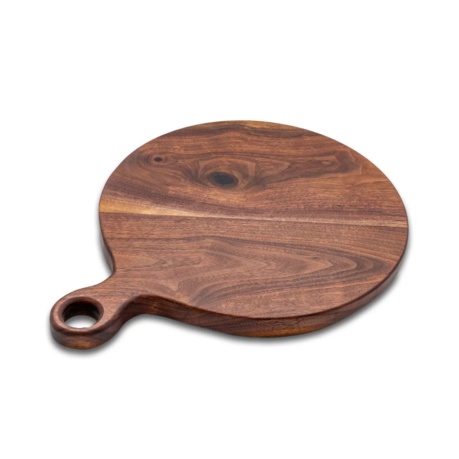 a handmade custom walnut serving tray, rounded with a thick handle