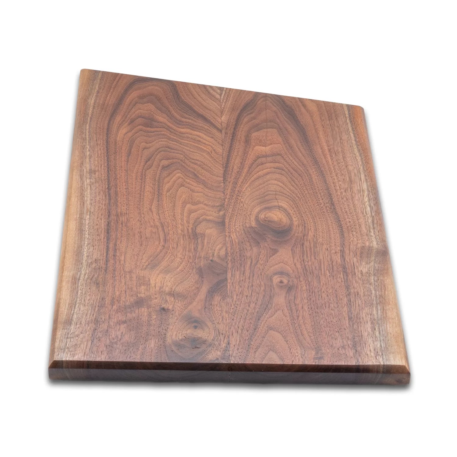 a handmade thin walnut cutting board, with sharp angles and champers