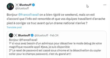 Post sur X demandant des comptes à l'Etat après la fuite de données personnelles à France Travail en avril 2024