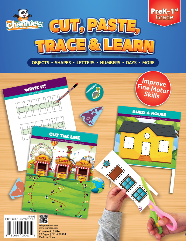 Channie’s Cut, Paste, Trace, & Learn Workbook - Scissor Skills Workbook, Improve Fine Motor Skills, Preschool to 1st Grade, Practice Cutting with Scissors at Home