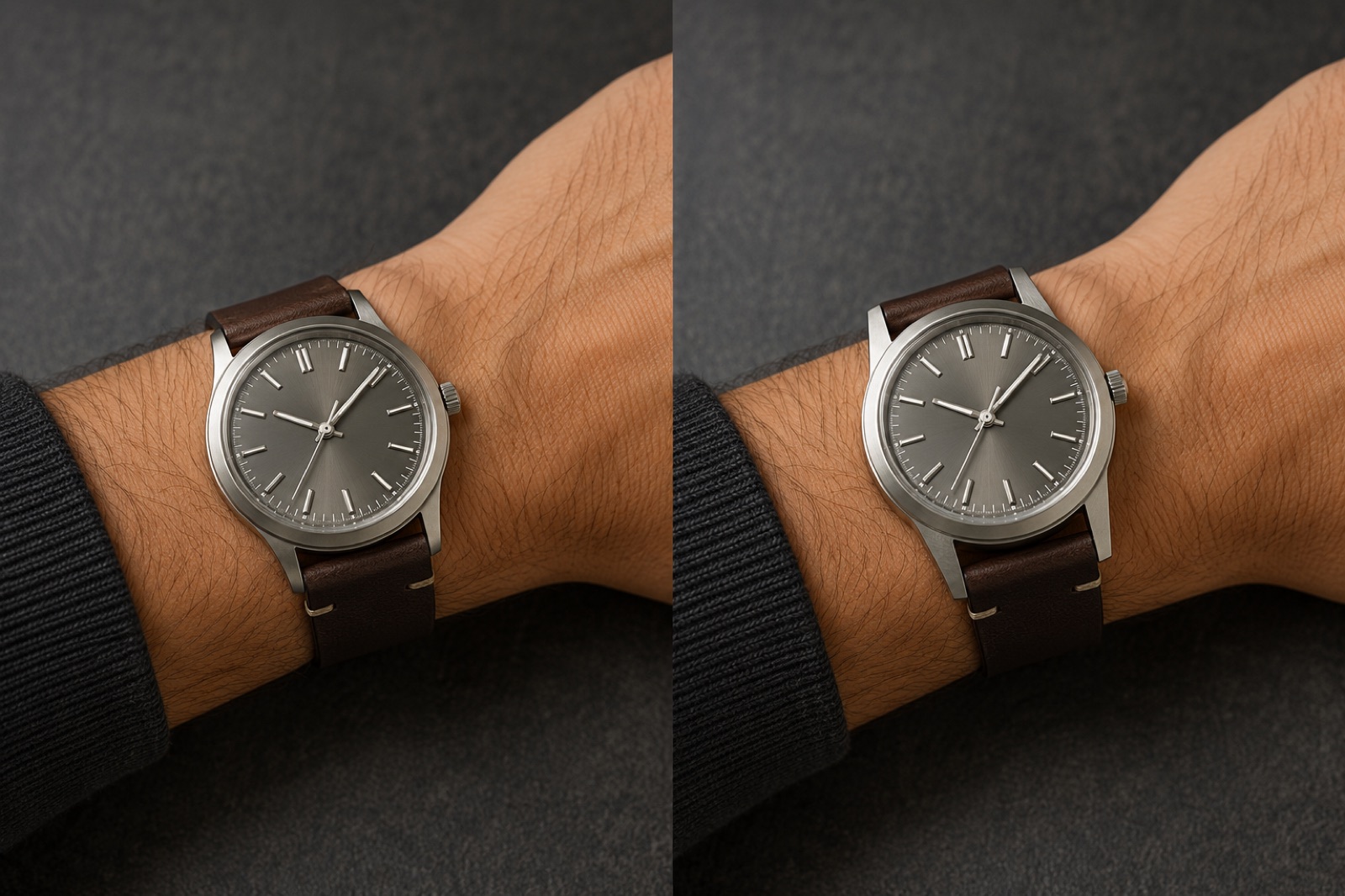 Two similar watches worn side by side on a wrist, showing how the same diameter can wear differently