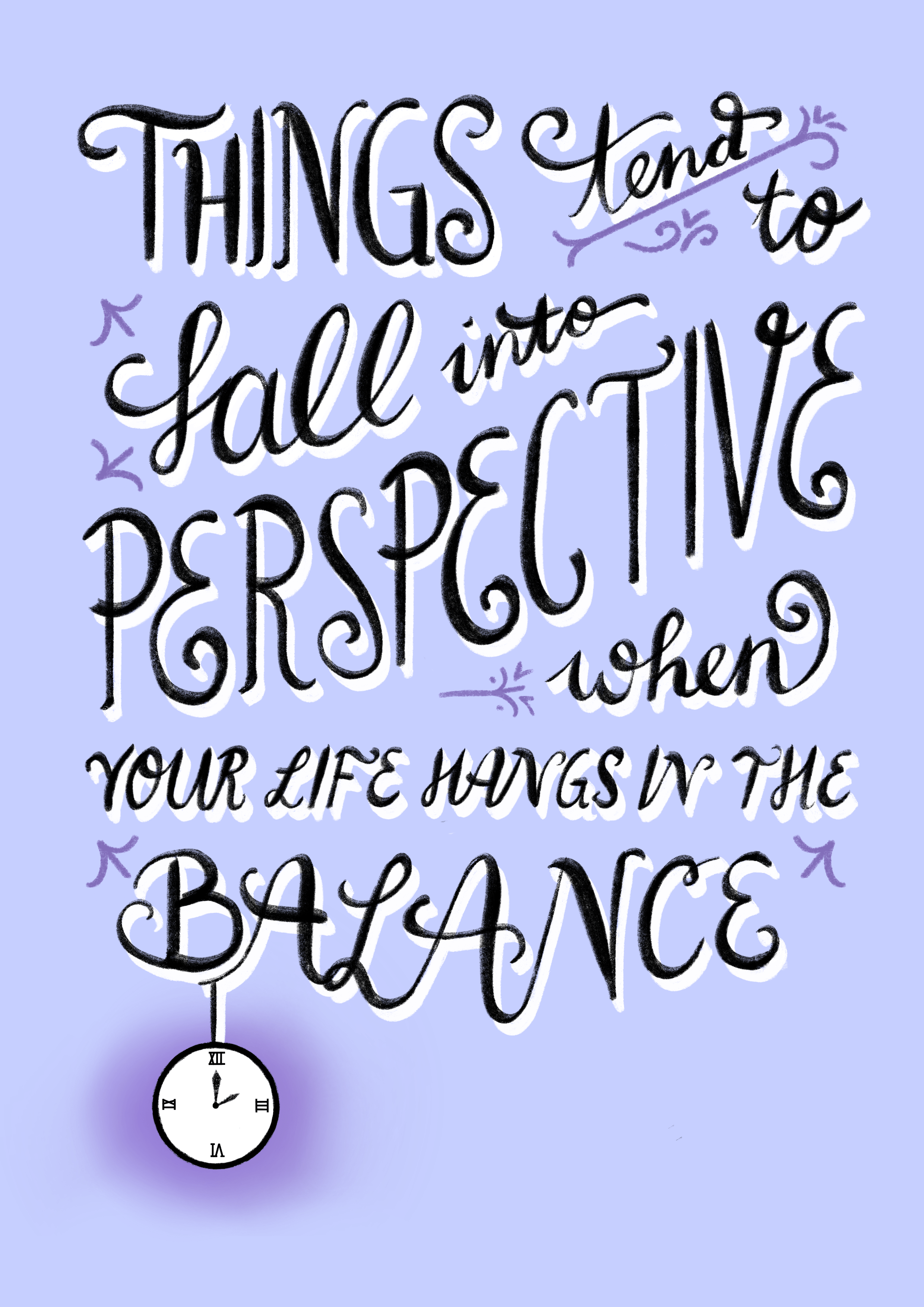 quote graphic of The Watchmaker's Daughter: 'Things tend to fall into perspective when your life hangs in the balance' on blue background with purplish glowing watch in the left corner