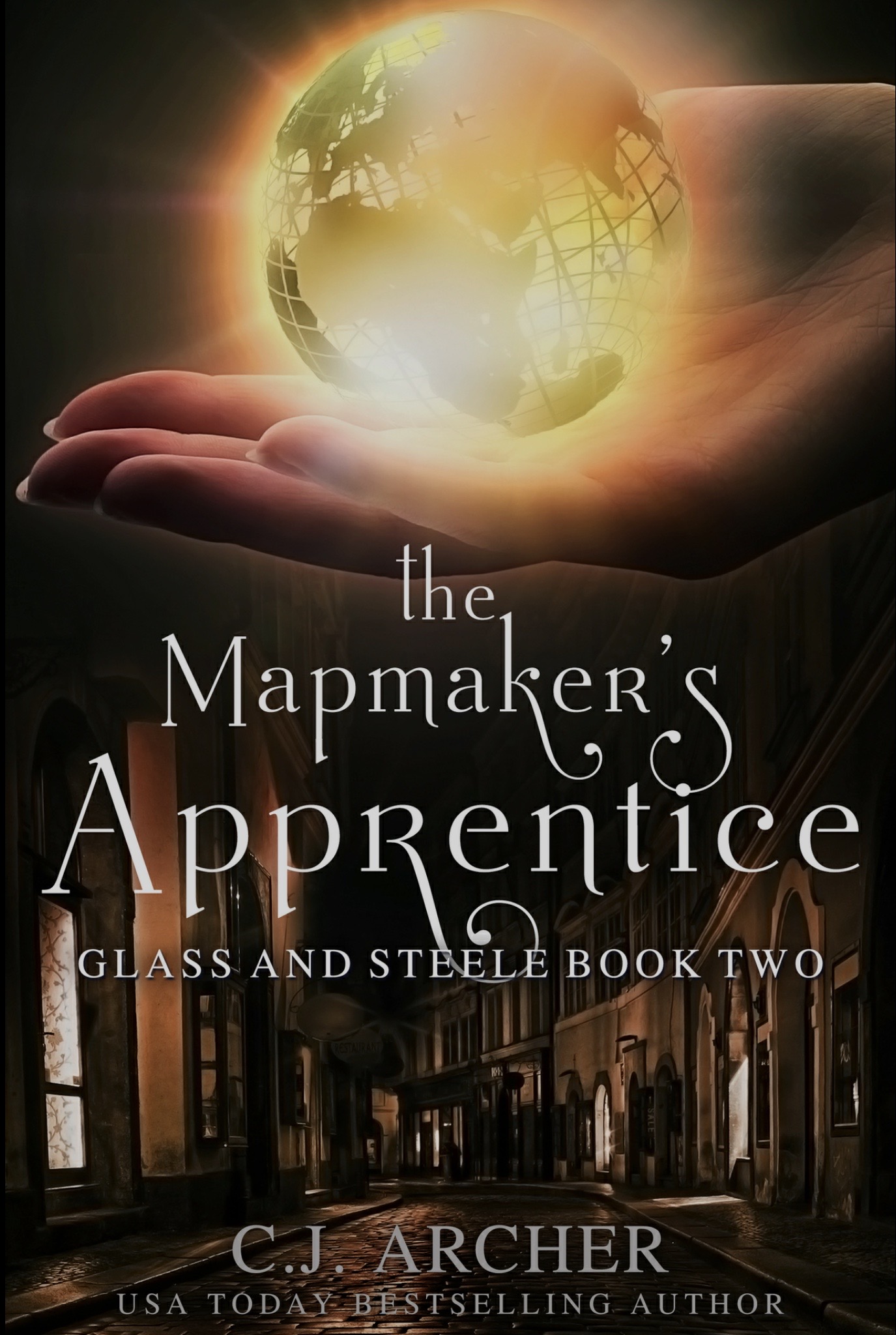 Book cover of the Mapmaker's Apprentice: hand holding a green and yellow globe with a street at nighttime in the background