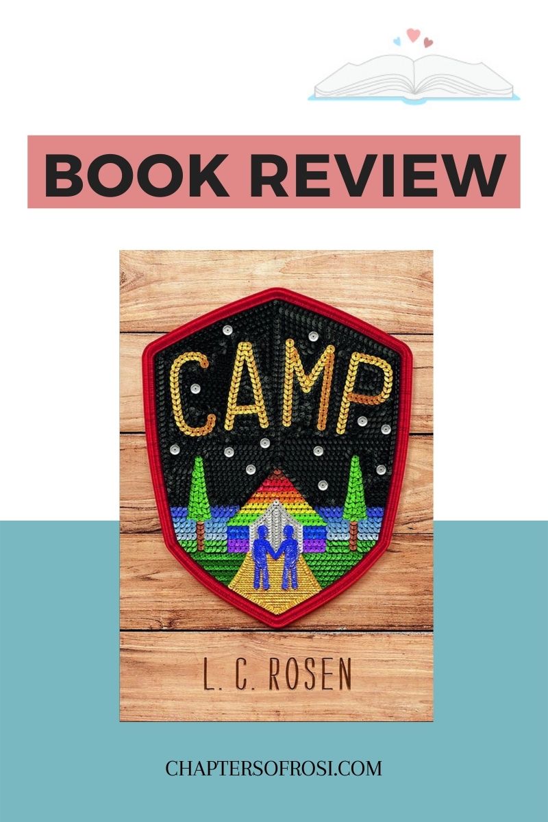 The book cover of Camp by L. C. Rosen with the words BOOK REVIEW on pink backdrop above it