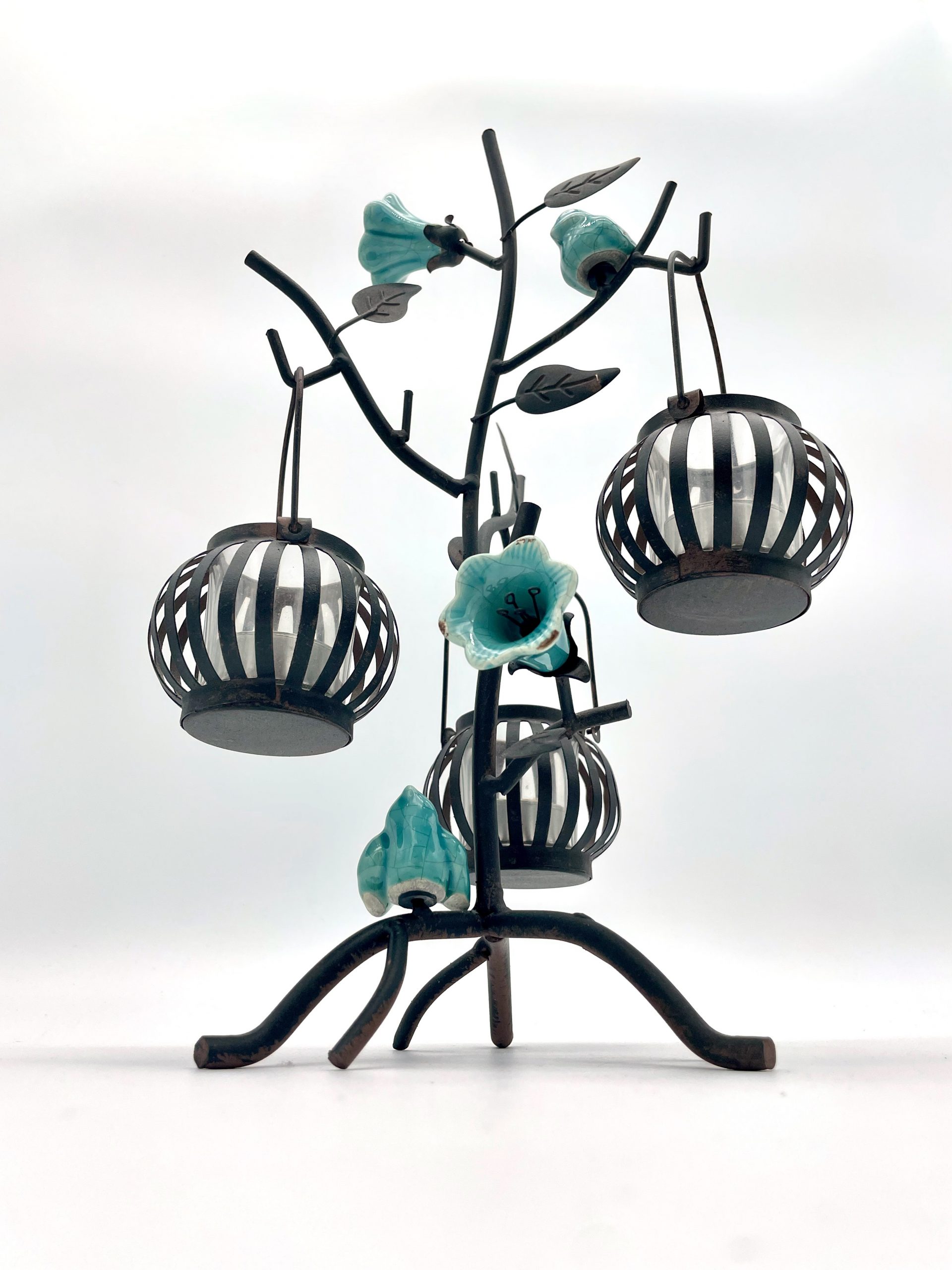 Rare beautiful Ceramic & Metal Triple Candelabra candle holder tea light lanterns Metal tree with two light blue aged flowers and birds Candelabra Decorative Garden Height: 33.5cm. Material: metal. Color: antique brown and light blue Decorative candle holder in the shape of a tree with light blue birds and flowers. The candle holder will create comfort and coziness in your home.