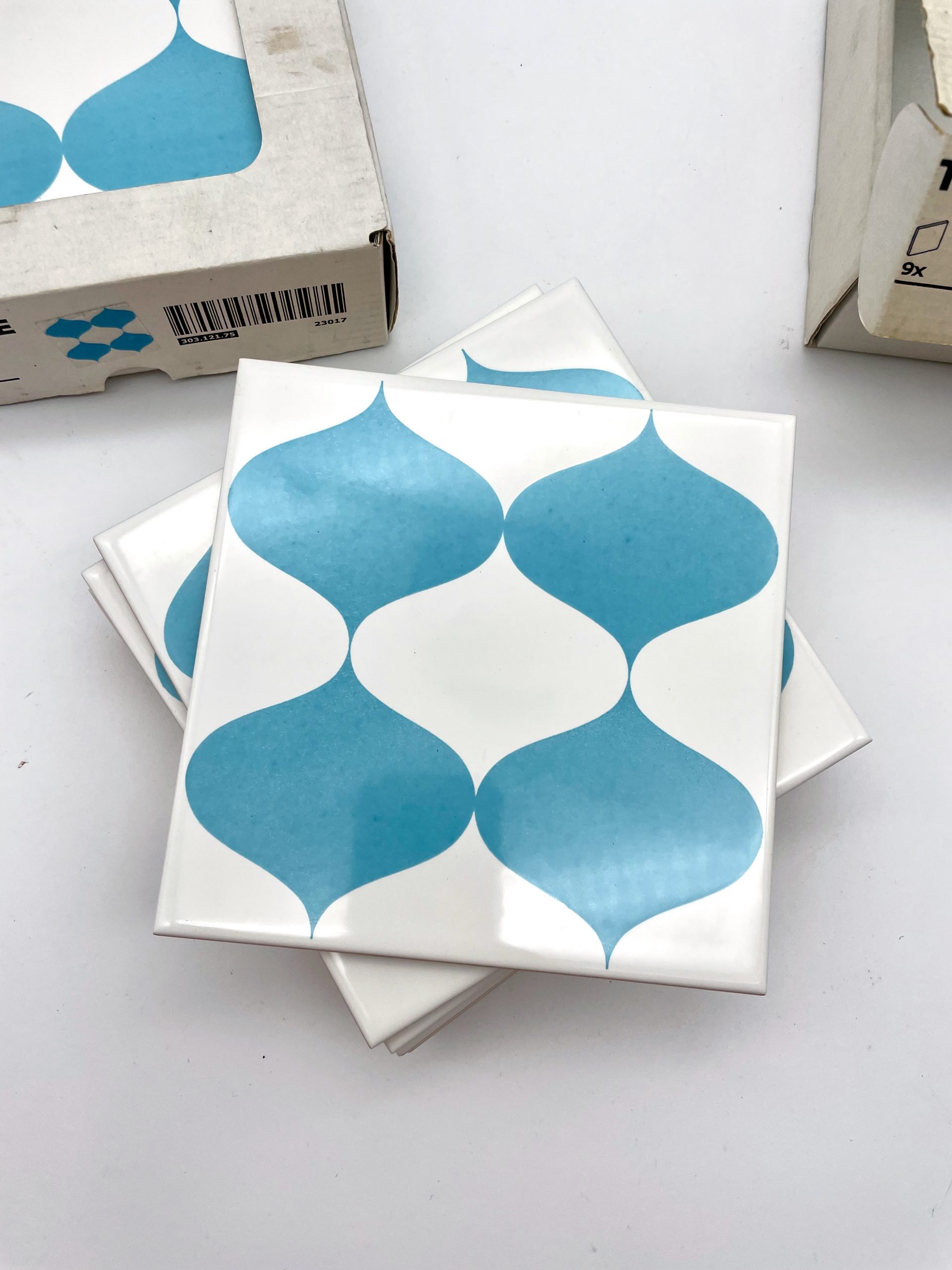 Vintage Ikea Ceramic Tiles Tillfalle Ceramic Tiles 9pc x 2 packs 1538 303.121.75 23017 Blue White design AA-1680540-2 Made in Portugal 2015 Boxet 2 sets of 18 new condition old stock Ikea Tillfälle blue kitchen bathroom tiles 1536 Made in Portugal, these limited edition mid century inspired tiles were available in Ikea in 2015. Excellent as accent tiles, add felt or rubber pads and use them as coasters or create a beautiful backsplash or side table. Dimensions 6 inches square or 15cm x 15cm 18 tiles available