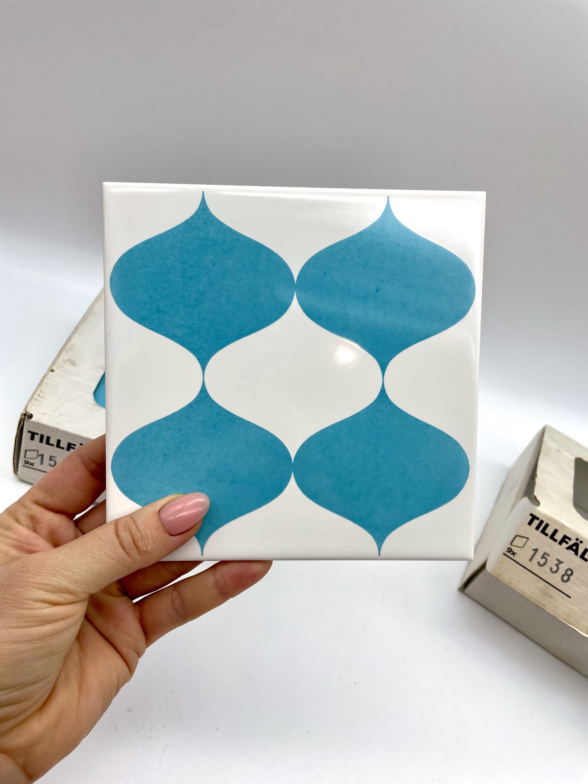 Vintage Ikea Ceramic Tiles Tillfalle Ceramic Tiles 9pc x 2 packs 1538 303.121.75 23017 Blue White design AA-1680540-2 Made in Portugal 2015 Boxet 2 sets of 18 new condition old stock Ikea Tillfälle blue kitchen bathroom tiles 1536 Made in Portugal, these limited edition mid century inspired tiles were available in Ikea in 2015. Excellent as accent tiles, add felt or rubber pads and use them as coasters or create a beautiful backsplash or side table. Dimensions 6 inches square or 15cm x 15cm 18 tiles available