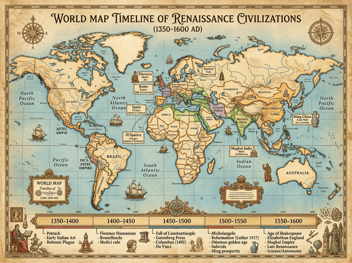 World map showing Renaissance civilizations from 1350 to 1600 AD with labeled regions and timeline