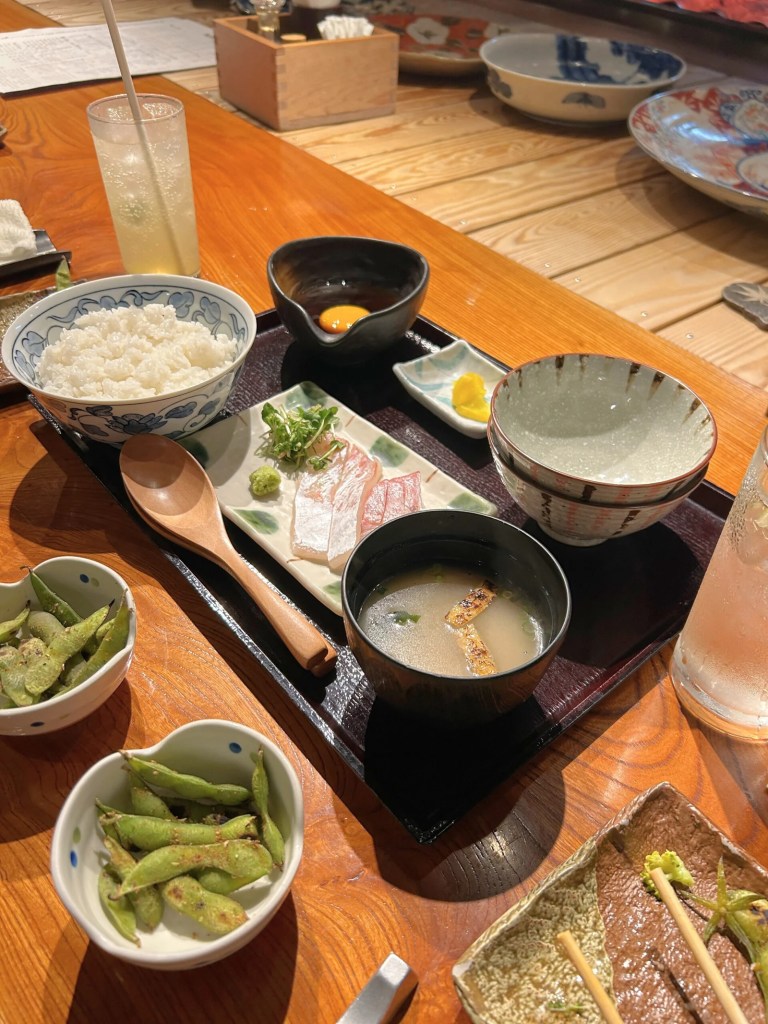 Meal set at Robata with rice, egg and miso soup.