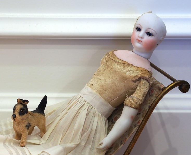 antique French fashion doll on original Huret chair