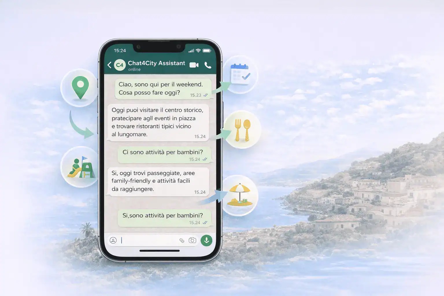 Assistente WhatsApp Chat4City per fornire informazioni turistiche e servizi comunali a cittadini e visitatori