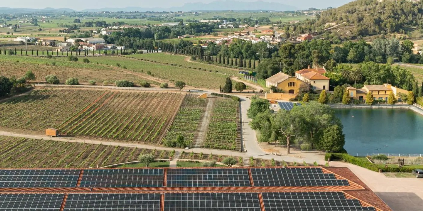 Wine countryside with lake and solaor pannels.